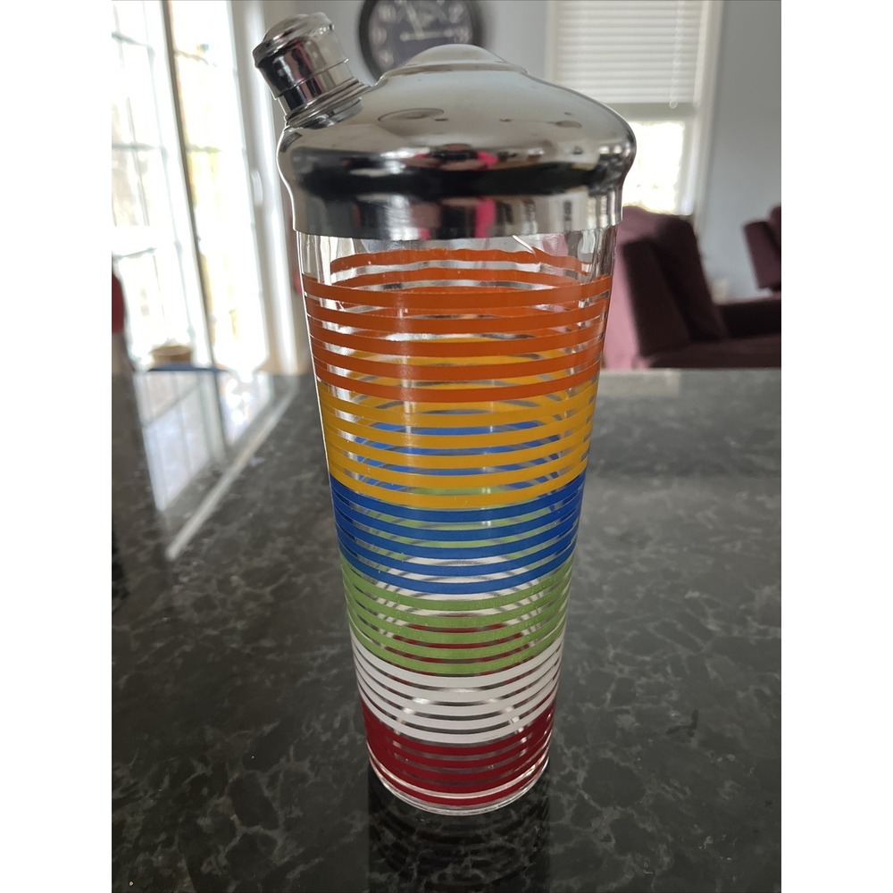 Vintage Rainbow Striped Glass Cocktail Shaker Chrome Lid MCM Retro Colorful